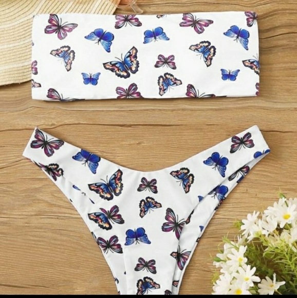 Butterfly Print Lace Up Bandeau High Cut Bikini - Picture 2 of 5
